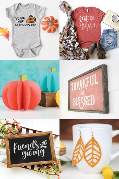 Images of Fall and Thanksgiving crafts, that includes, decorated onesies, signs, earrings and cut out paper pumpkins