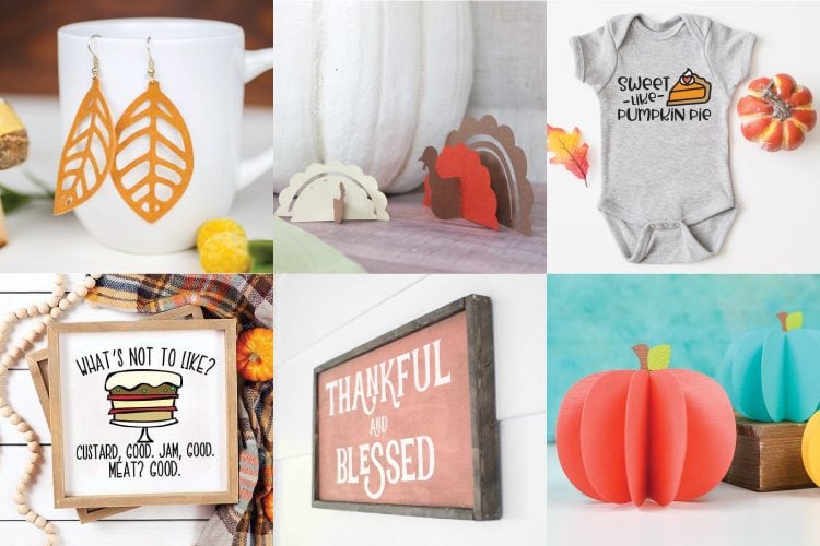 Close up of images of Fall and Thanksgiving crafts, that includes, decorated onesies, signs, earrings and cut out paper pumpkins