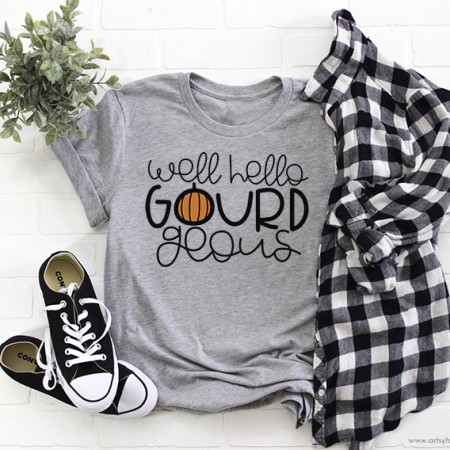 Gray t-shirt with a pumpkin on it and the words Well Hello Gourdgeous