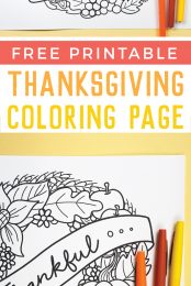 A printable Thanksgiving coloring page with three markers with advertising that it is free from HEYLETSMAKESTUFF.COM