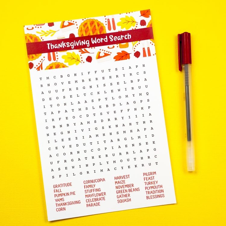 Image of a printable Thanksgiving Word Search and a pen