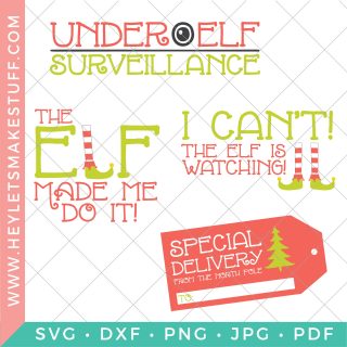 Four files that say, \"Under Elf Surveillance\", \"The Elf Made Me Do It\", \"I Can\'t! The Elf is Watching\" and \"Special Delivery from the North Pole\"