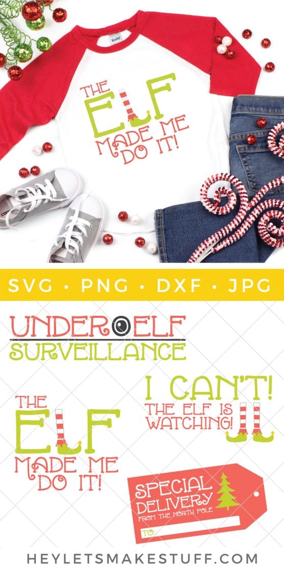 Christmas jingle bells around a pair of blue jeans, tennis shoes and a baseball style pink and white shirt that says, \"The Elf Made Me Do It\" and Four files that say, \"Under Elf Surveillance\", \"The Elf Made Me Do It\", \"I Can\'t! The Elf is Watching\" and \"Special Delivery from the North Pole\" all from HEYLETSMAKESTUFF.COM