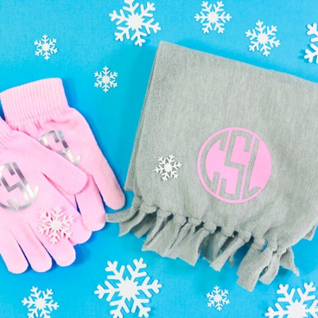 Gray scarf and pink mittens personalized with initials