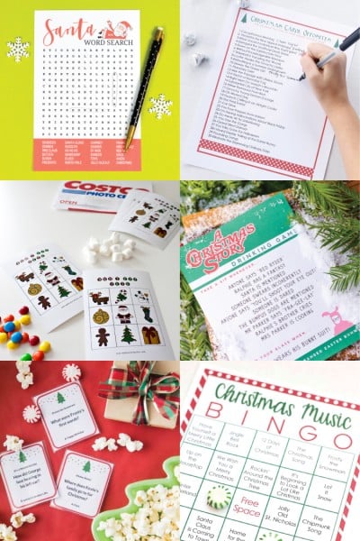 Images of printable Christmas games, such as Christmas Music Bingo, Word Search, a Christmas Story Drinking Game and more