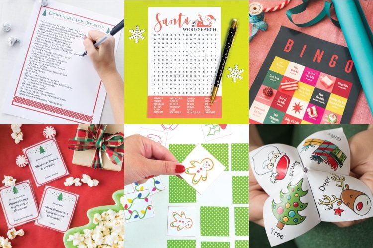 Images of printable Christmas games, such as Christmas Music Bingo, Word Search, a Christmas Story Drinking Game and more