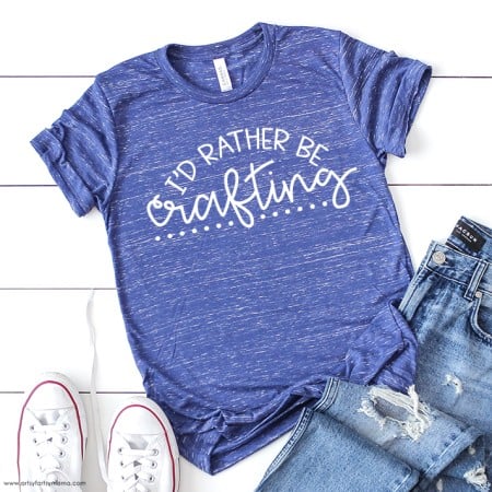 Denim blue t-shirt with the words I'd Rather be Crafting on it