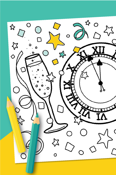 New Years Eve Coloring Page on teal and yellow background