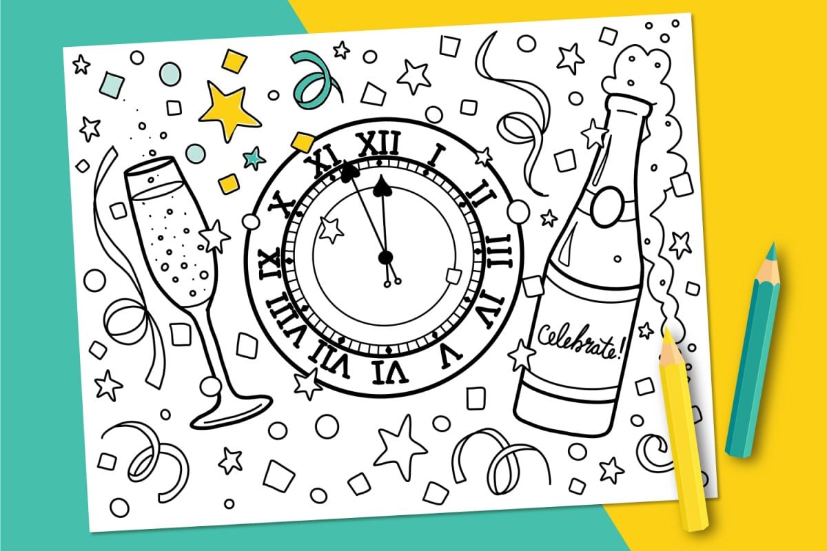 New Years Eve Coloring Page on teal and yellow background