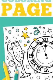 New Years Eve Coloring Page on teal and yellow background - pin image