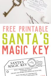 Christmas decor along with a key that has a tag attached that says, "Santa's Magic Key" with advertising that this is a free printable from HEYLETSMAKESTUFF.COM
