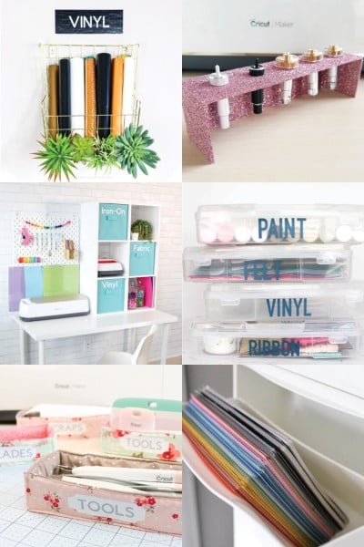 Images of organized crafting supplies in a craft room