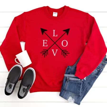 Red sweatshirt and arrows and the word LOVE