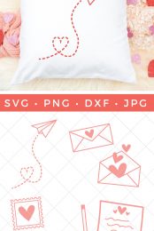 A white pillow on a furry blanket surrounded by cut out hearts.  The pillow displays a paper airplane with a dotted trail looped into the shape of a heart.  Also images of love letters, stamps and envelopes with hearts.