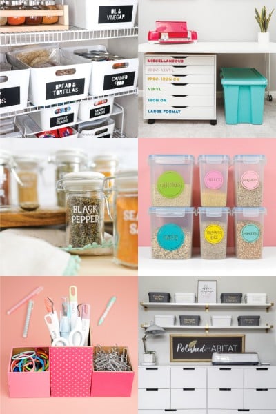 Images of home organizational ideas such as labels on spice jars, food containers, bins and drawers