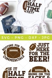 A pair of blue jeans, tennis shoes, football, football themed banner, a football themed koozie and a white shirt with picture of a half of a football and the saying, "Is It Half Time Yet?" along with other images of the sayings:  "Just Here for the Beer!", "Rooting for the Commercials" and "Bring on the Sacks & Snacks"