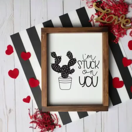 A wooden frame with an image of a cactus plant in a pot and the words I am stuck on you