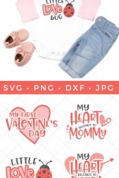 A pair of baby blue jeans, pink baby moccasins and a onesie with the quote "My Little Love Bug" and a Lady Bug on it.  Other quotes pictured, include "My First Valentine's Day", "My Heart Belongs to Mommy" and "My Heart Belongs to Daddy".