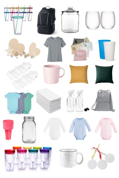 Image of the best blanks to use for Cricut projects that includes onesies, tumblers, pillows, backpacks, coffee cups, wooden cutouts and more