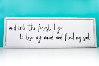 Framed quote saying, "and into the forest I go to lose my mind and find my soul"