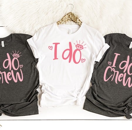 White t-shirt that says I Do and black t-shirts that say I Do Crew