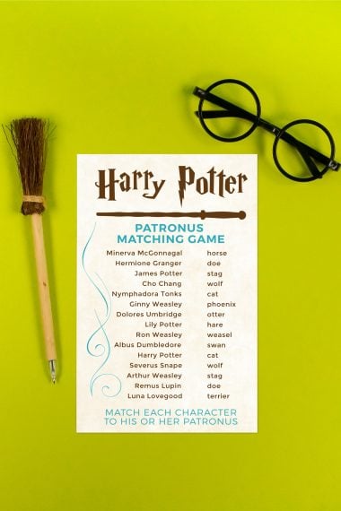 A pair of glasses, a pen and a piece of paper with a Harry Potter Patronus Matching Game printed on it
