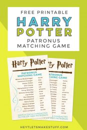 Two pieces of paper with a Harry Potter Patronus Matching Game printed on them and advertising by HEYLETSMAKESTUFF.COM for a free printable Harry Potter Patronus Matching Game