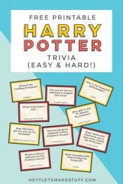 Advertisement of free printable Harry Potter trivia cards (Easy & Hard) by HEYLETSMAKESTUFF.COM