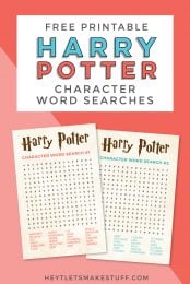 Two Harry Potter character word searches and advertising from HEYLETSMAKESTUFF.COM for free printable Harry Potter character word searches