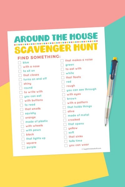 A printable Around the House Scavenger Hunt list with checkboxes to check when item is found.