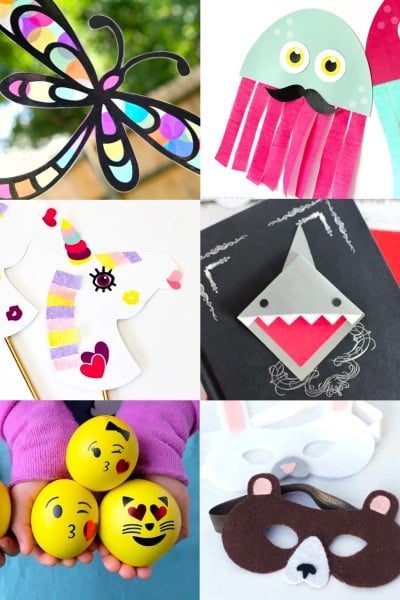 Six craft ideas for children featuring a tissue paper suncatcher, DIY emoji stress balls, a shark bookmark, a printable unicorn, felt masks and a jellyfish.