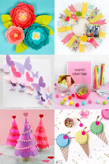 Six images of paper craft ideas that include flowers, a wreath, butterflies and an ice cream cone banner