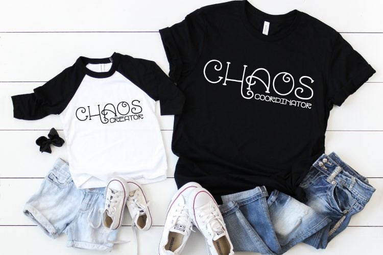 Chaos Coordinator and Chaos Creator SVG on mommy and me shirts.