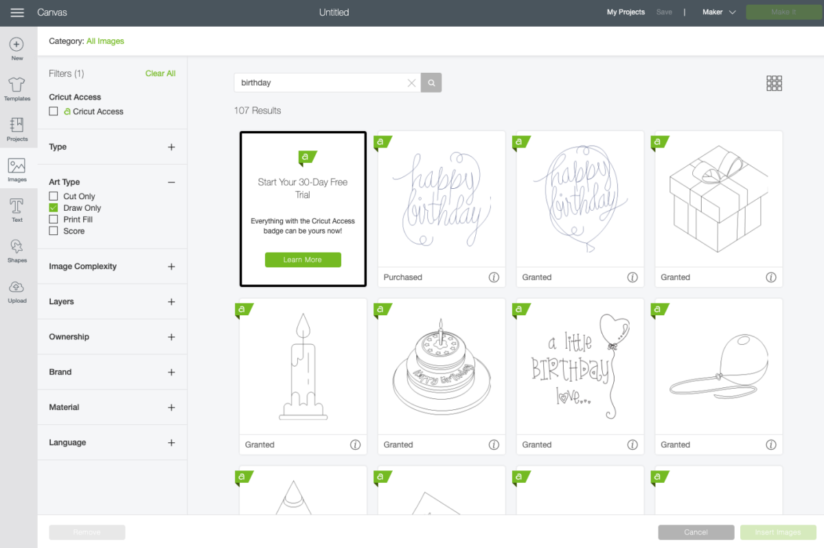 Cricut Design Space: search for birthday draw images