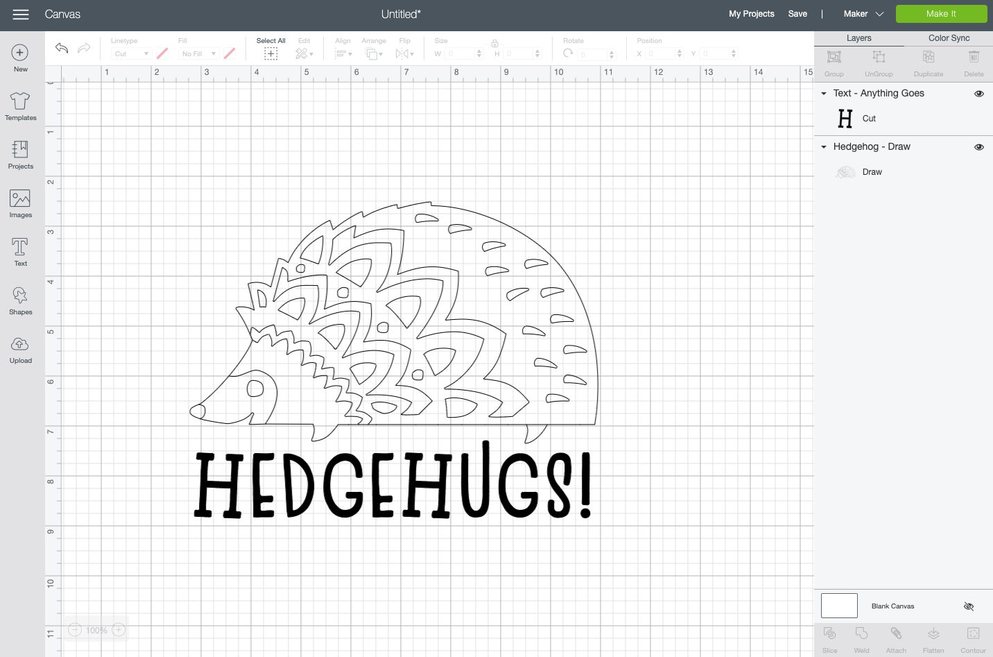 Cricut Design Space: "Hedgehugs" written under hedgehog file