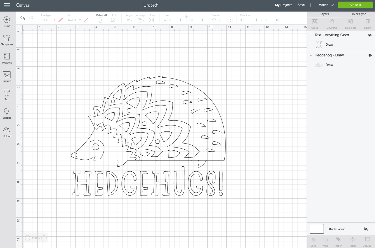 Cricut Design Space: "Hedgehugs" turned into an outlined text file.