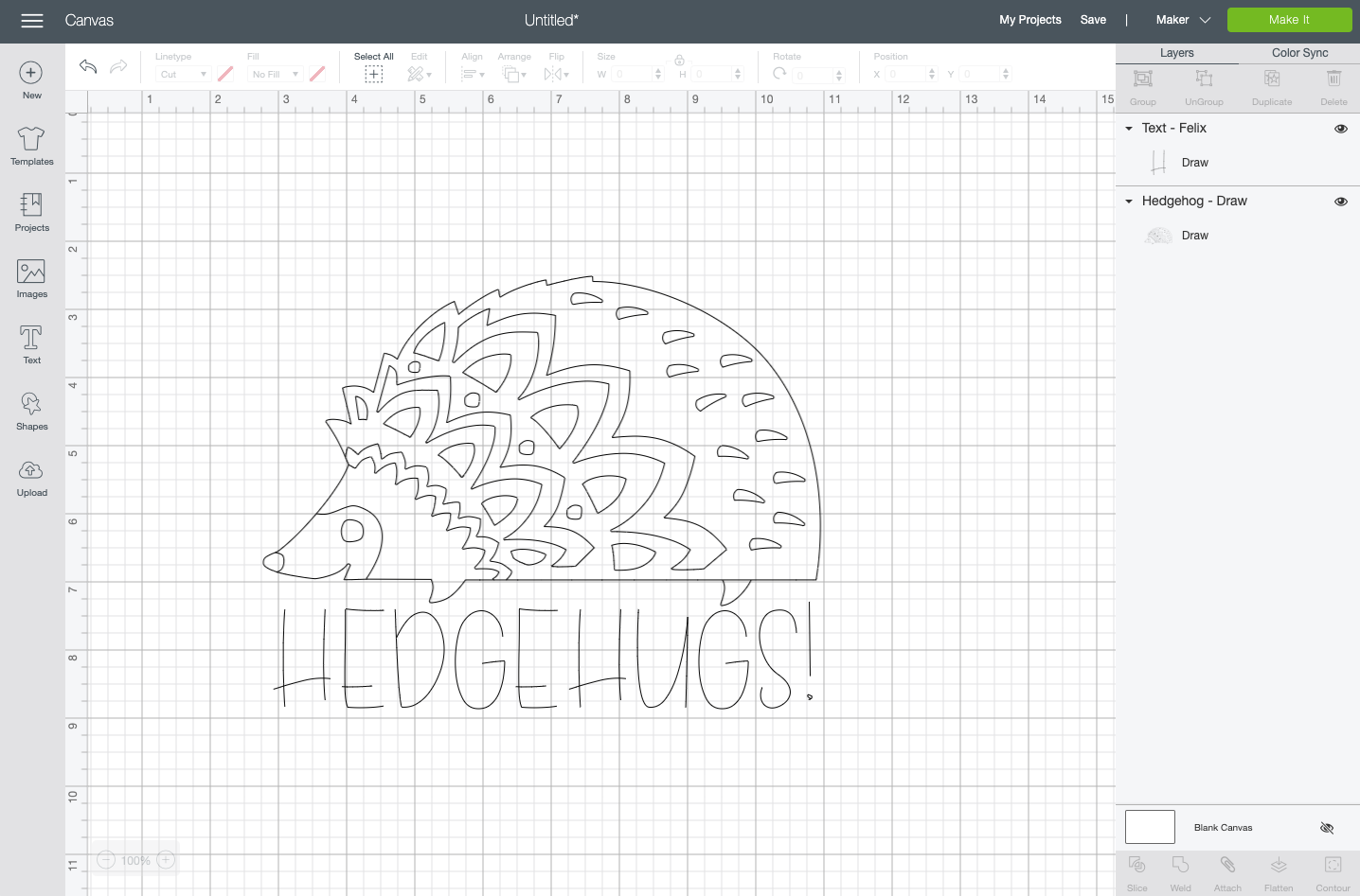 Cricut Design Space: "Hedgehugs" written in the Felix writing font