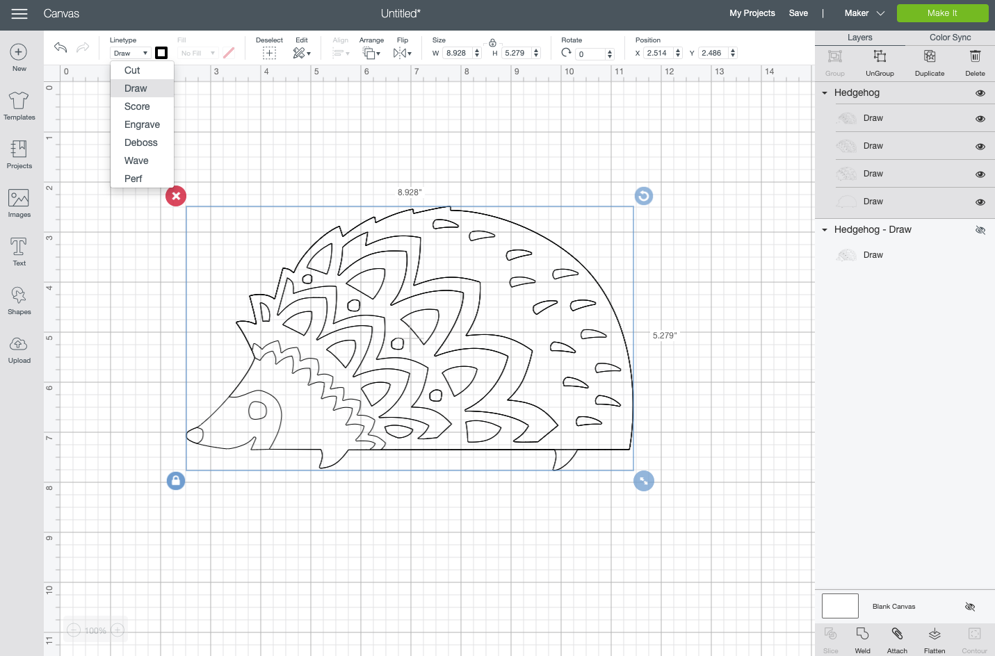 Cricut Design Space: Cut file hedgehog converted to draw file