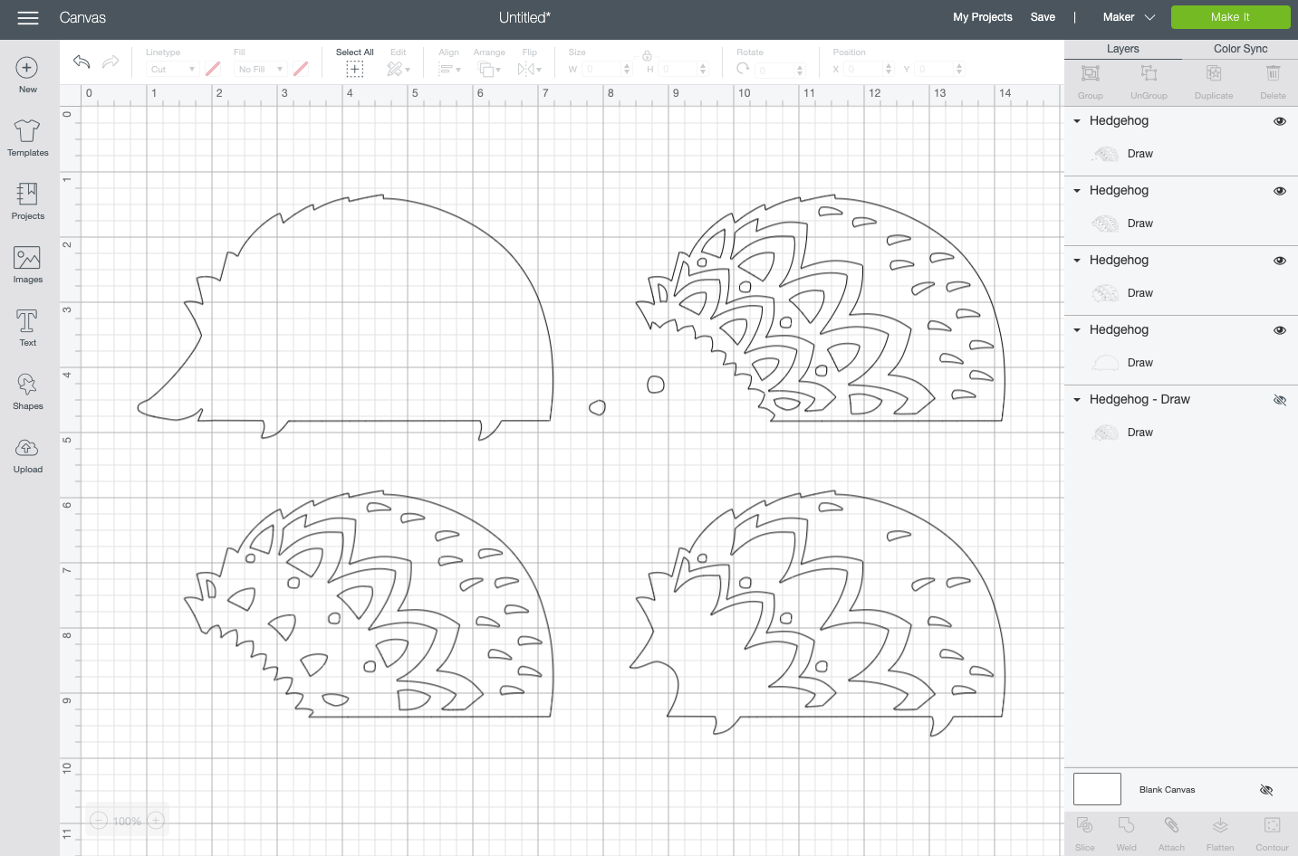 Cricut Design Space: Four different layers of the hedgehog file