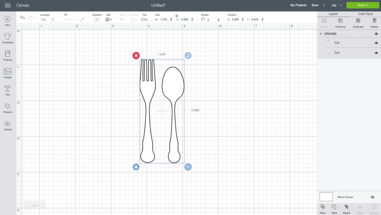 Spoon and fork image open in Cricut Design Space