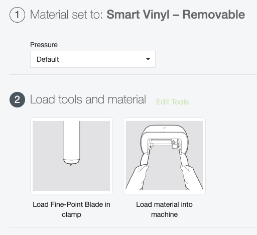 Make Screen showing load tools and material prompt.