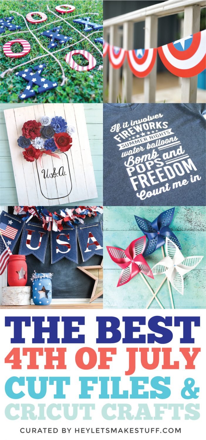 Image of six different 4th of July crafts to make such as a banner, pinwheels, shirt, paper flowers and a tic-tac-toe game