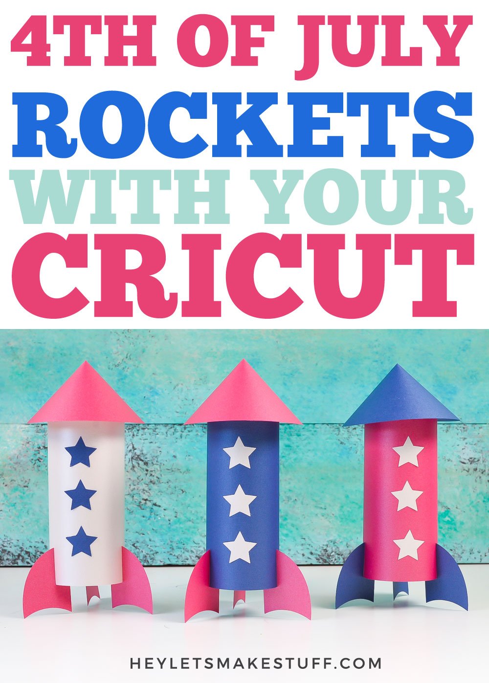 Picture of three paper rockets made out of red, white and blue paper that can be made with your Cricut
