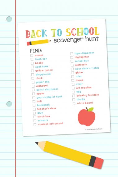 Picture of a free printable Back-to-School Scavenger Hunt list with check boxes to check when the item has been found.