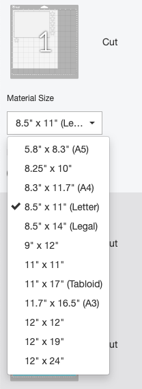 Drop down list in Cricut Design displaying the paper size to select for make the design.  8.5\" x 11\" (Letter) was the paper size selected in this image