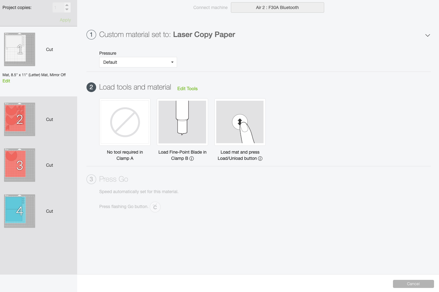 Graphical user interface of Cricut Design \"Make It\" page showing the material Laser Copy Paper selected and the tools needed