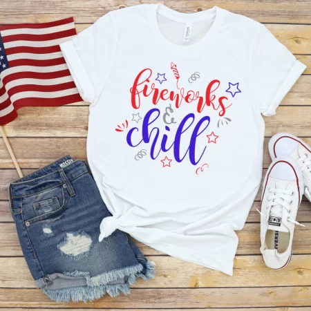 Fireworks and Chill on white t-shirt with flag.