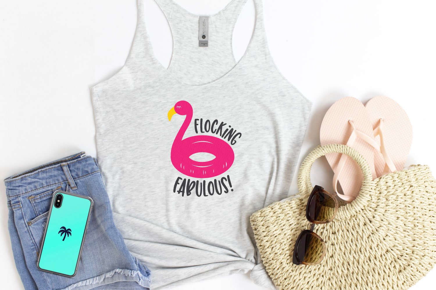 Flamingo SVG on tank with shorts and beach bag