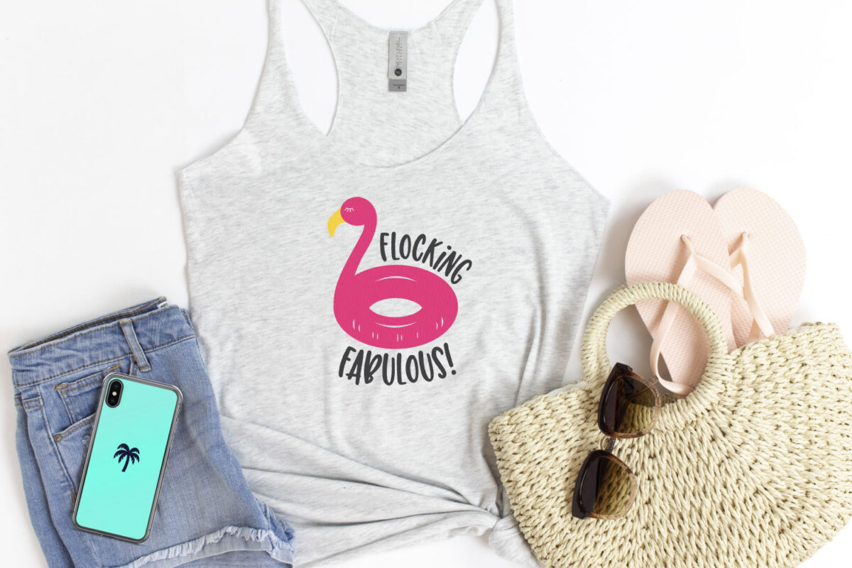 Flamingo SVG on tank with shorts and beach bag