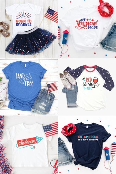 Image of six 4th of July themed outfits that all have a shirt with sayings.   The sayings are:  Born to Sparkle, Go America, It’s Your Birthday, Land of the Free, Red Wine and Blue, All American Mom and Little Firecracker.